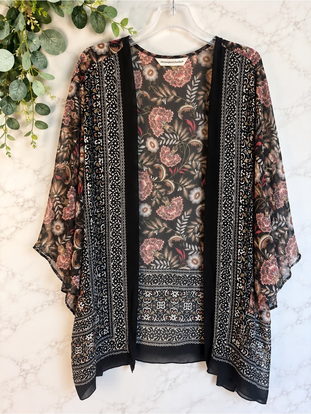 Christopher & Banks Floral Kimono Cardigan L/XL Boho Sheer Open Front